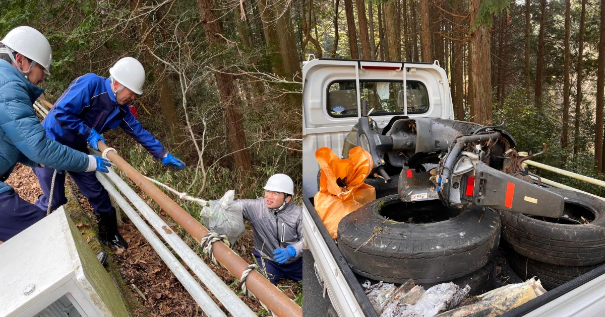 作業の様子と、集められた粗大ゴミ