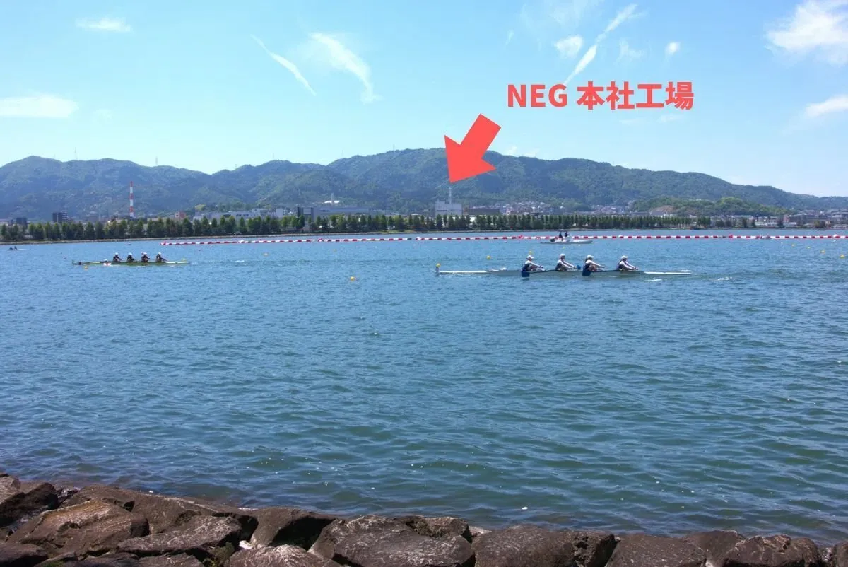 琵琶湖対岸から日本電気硝子の本社・大津事業場を望む